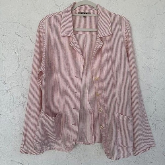 Linen blazer 100% natural fibers collared button up jacket oversized pinstriped - Picture 1 of 9